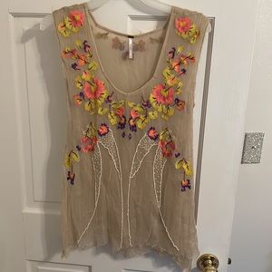 Free People Boho Neon Floral Embroidered Beaded Sheer Top medium